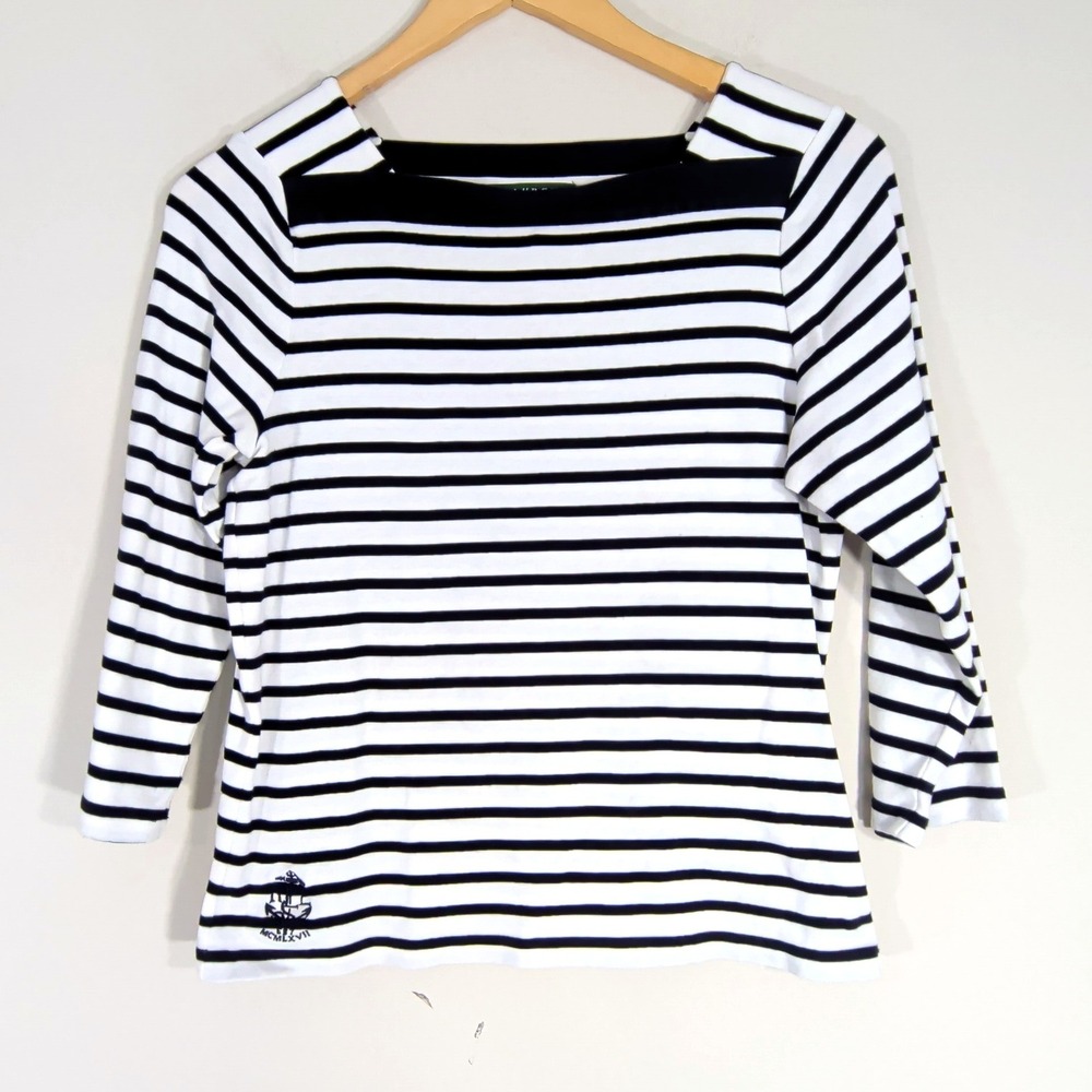 Lauren Ralph Lauren White Navy Striped Top; Boat Neck 3/4 Sleeve Anchor Logo